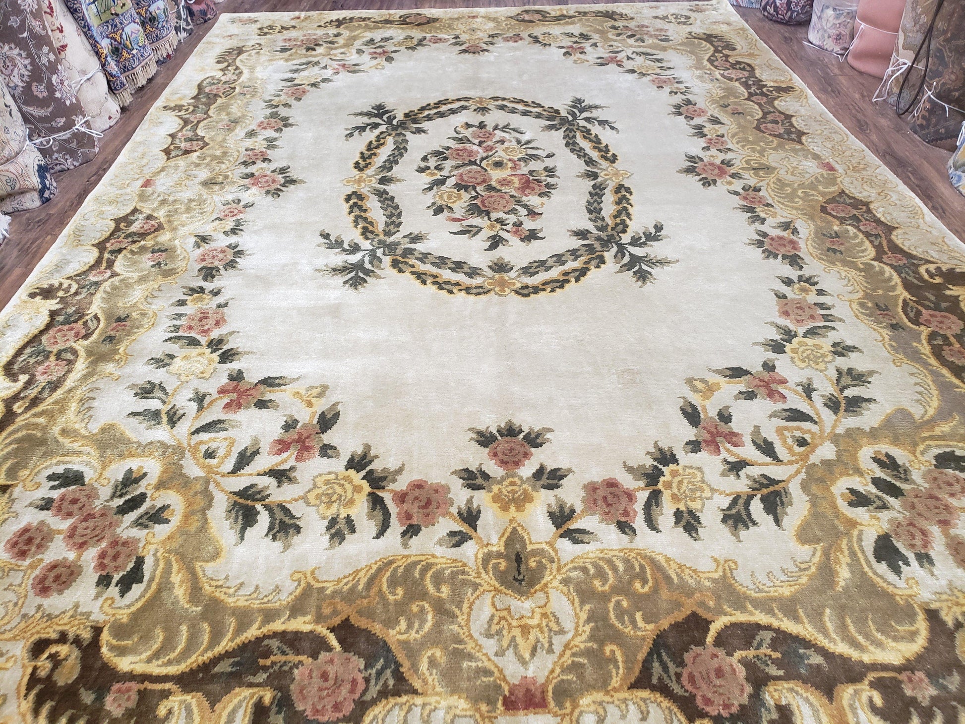 Aubusson Rug 10x14, Elegant French European Design, Vintage Handmade Carpet with Pile, Beige Floral Dining Room Rug, Living Room, Soft Wool - Nuvé