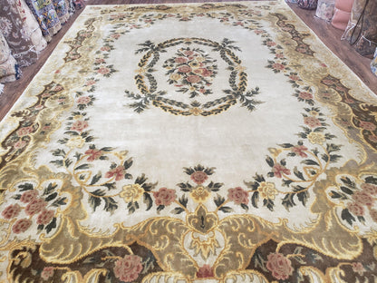 Aubusson Rug 10x14, Elegant French European Design, Vintage Handmade Carpet with Pile, Beige Floral Dining Room Rug, Living Room, Soft Wool - Nuvé