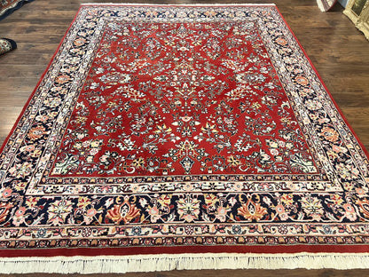 Indo Persian Sarouk Rug 8x10, Red, Floral Allover, Handmade Vintage Wool Carpet, Traditional Rug - Nuvé