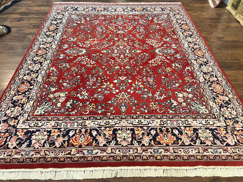Indo Persian Sarouk Rug 8x10, Red, Floral Allover, Handmade Vintage Wool Carpet, Traditional Rug - Nuvé