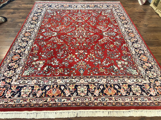 Indo Persian Sarouk Rug 8x10, Red, Floral Allover, Handmade Vintage Wool Carpet, Traditional Rug - Nuvé