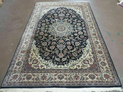 4' X 7' Vintage Handmade India Wool Silk Accent Rug Hand Knotted Black Organic - Nuvé
