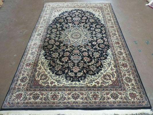 4' X 7' Vintage Handmade India Wool Silk Accent Rug Hand Knotted Black Organic - Nuvé