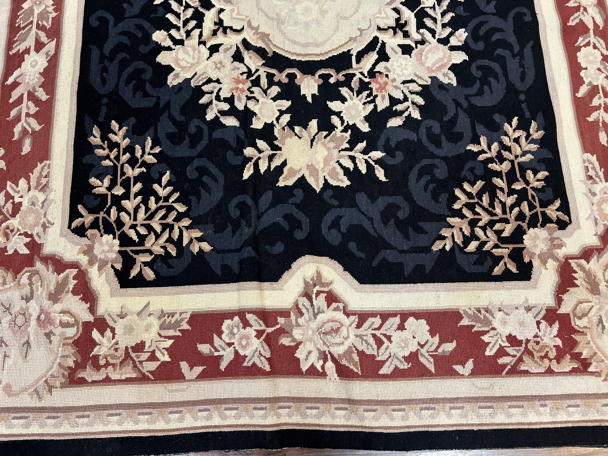 Needlepoint Rug 5x8, Wool Handmade Vintage European Design Carpet, Black & Maroon, French Aubusson Pattern Flatweave Rug - Nuvé