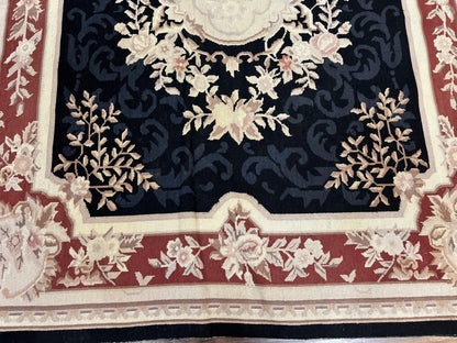 Needlepoint Rug 5x8, Wool Handmade Vintage European Design Carpet, Black & Maroon, French Aubusson Pattern Flatweave Rug - Nuvé