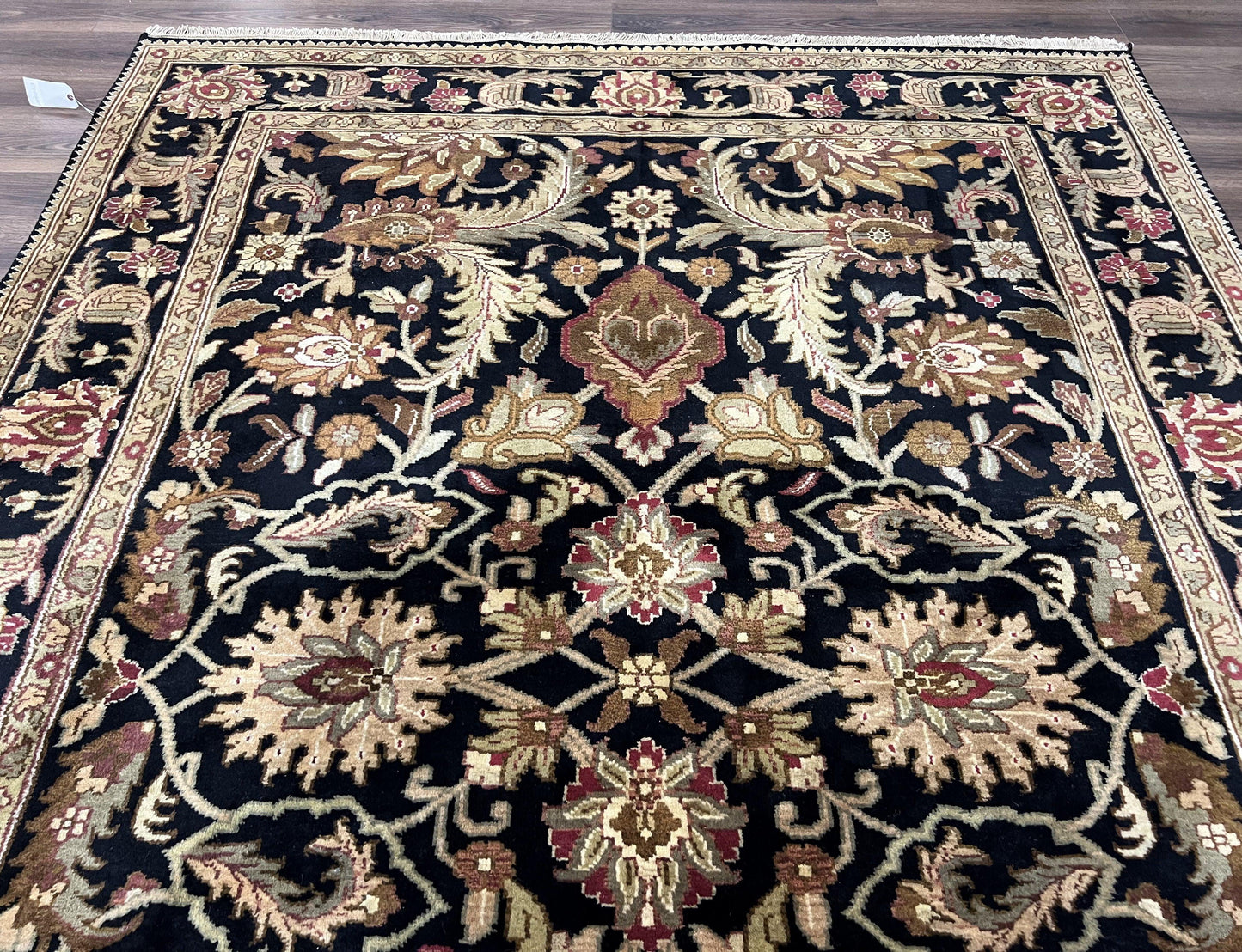 Indo Mahal Sultanabad Rug 8x11, Vintage Indian Oriental Carpet, Wool Handmade Floral Rug 8 x 11 ft, Black Beige Tan, Large Flowers Allover - Nuvé
