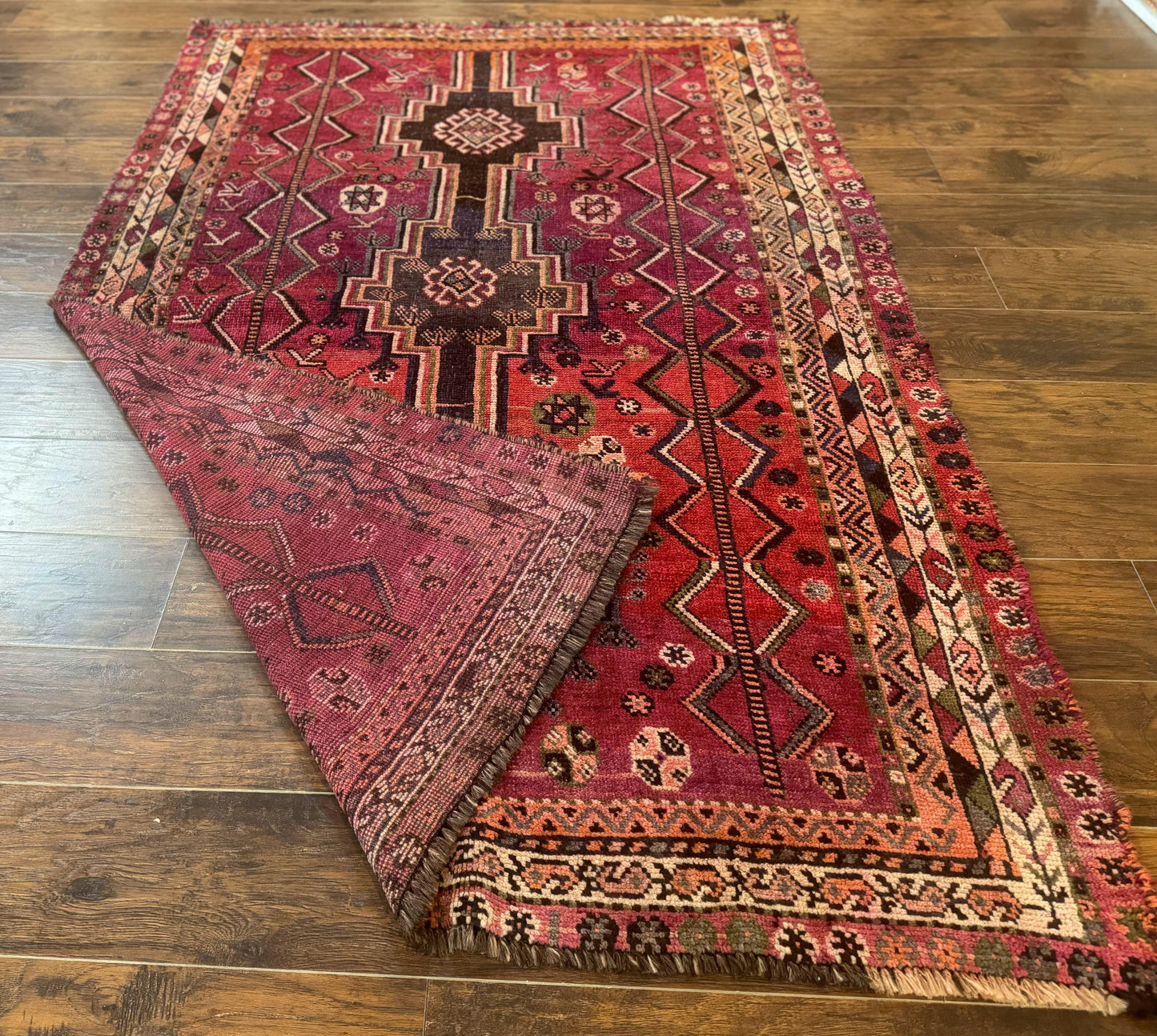 Persian Tribal Shiraz Rug 5x8, Geometric, Raspberry Red and Charcoal, Antique Persian Carpet - Nuvé