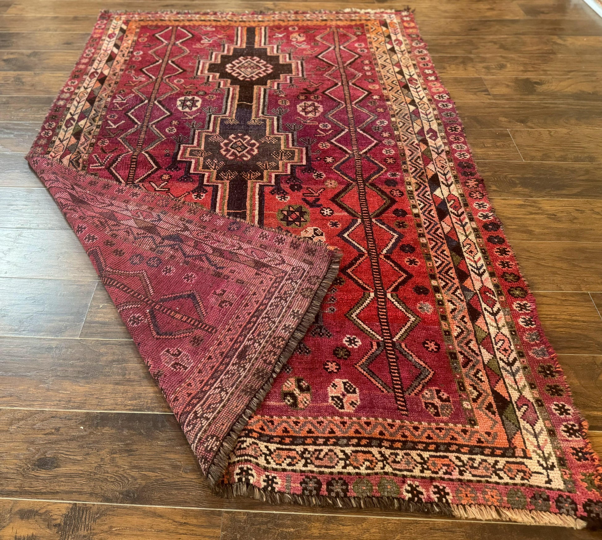 Persian Tribal Shiraz Rug 5x8, Geometric, Raspberry Red and Charcoal, Antique Persian Carpet - Nuvé