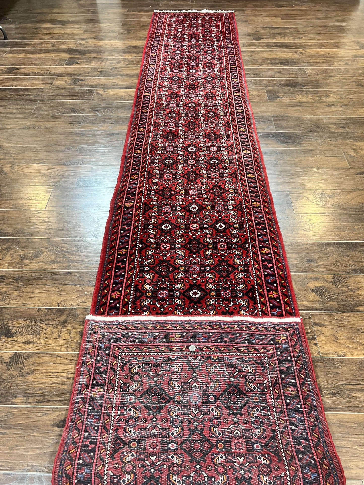 Persian Runner Rug 3 x 16, Wool Handmade Long Antique Hamadan Oriental Rug for Hallway, Red Tribal Rug, Allover Pattern, 3x16 Runner Rug - Nuvé