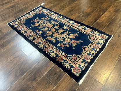 Blue and Beige Chinese Wool Rug 3x6, Chinese Fete Rug, Peking Rug, Antique Chinese Carpet - Nuvé