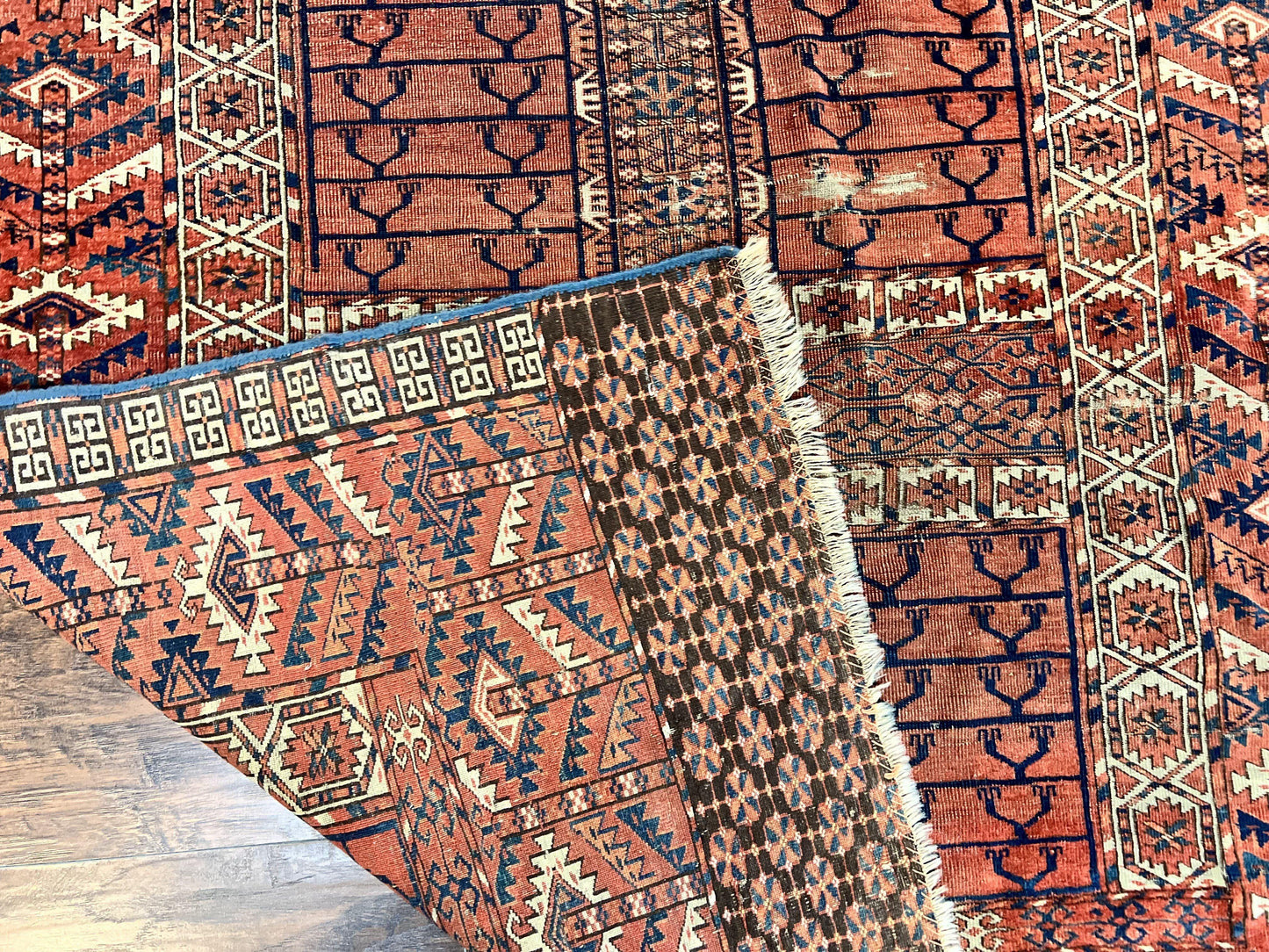 Antique Turkoman Rug 4x4, Hatchli Square Carpet, Wool Handmade Four Season Yamud Design Rug, Red Bohemian Tribal Rug, Engsi Tekkeh Rug - Nuvé