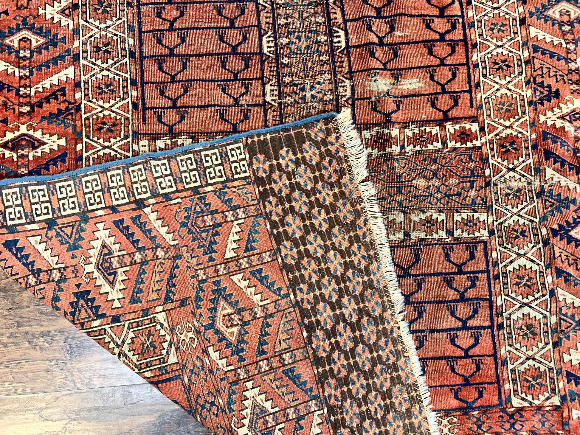 Antique Turkoman Rug 4x4, Hatchli Square Carpet, Wool Handmade Four Season Yamud Design Rug, Red Bohemian Tribal Rug, Engsi Tekkeh Rug - Nuvé