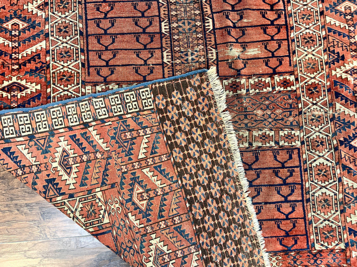 Antique Turkoman Rug 4x4, Hatchli Square Carpet, Wool Handmade Four Season Yamud Design Rug, Red Bohemian Tribal Rug, Engsi Tekkeh Rug