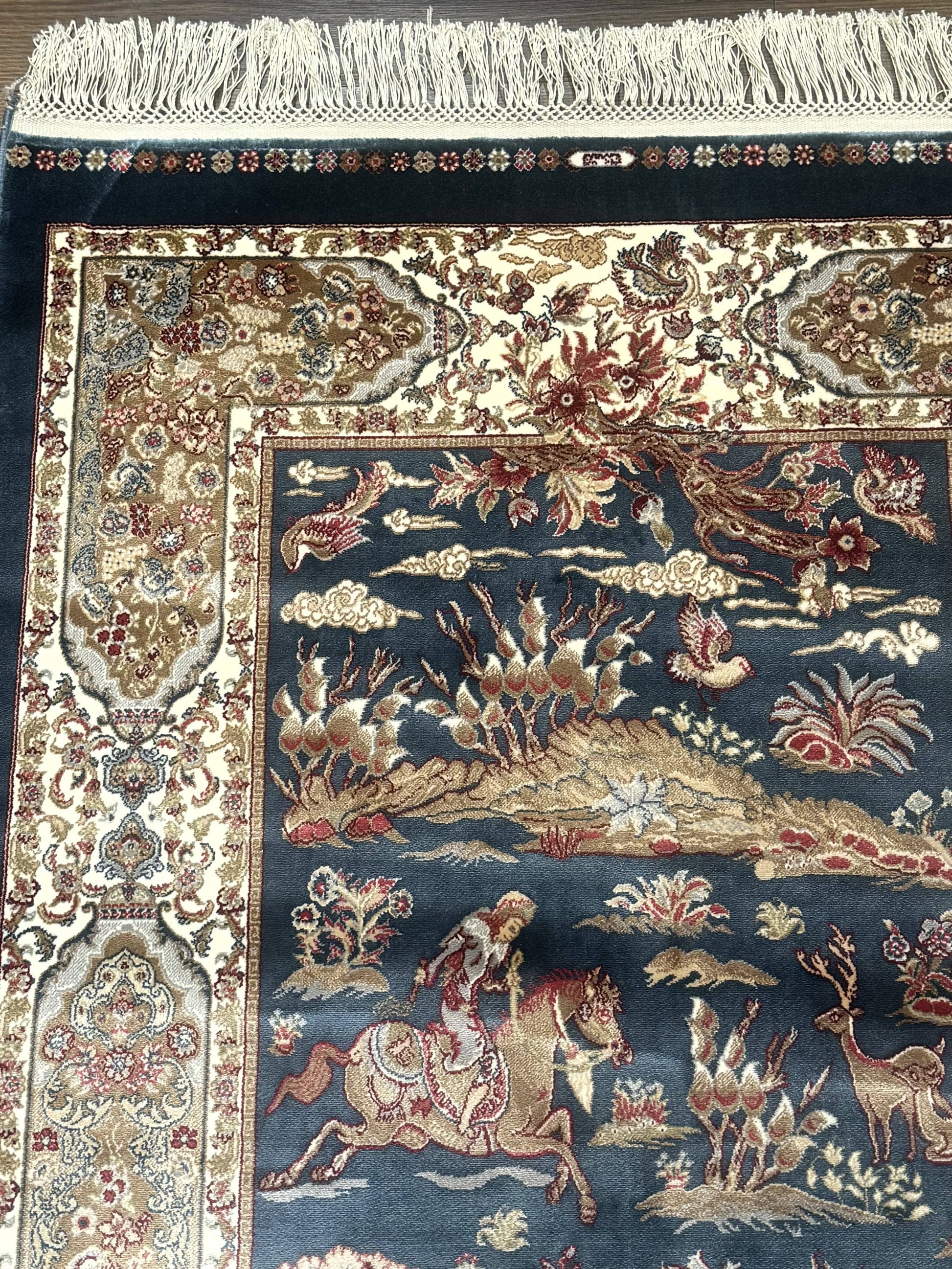 Turkish Silk Hunting Scene Rug 2.6 x 5, Dark Steel Blue & Ivory, Bamboo Silk, New - Nuvé