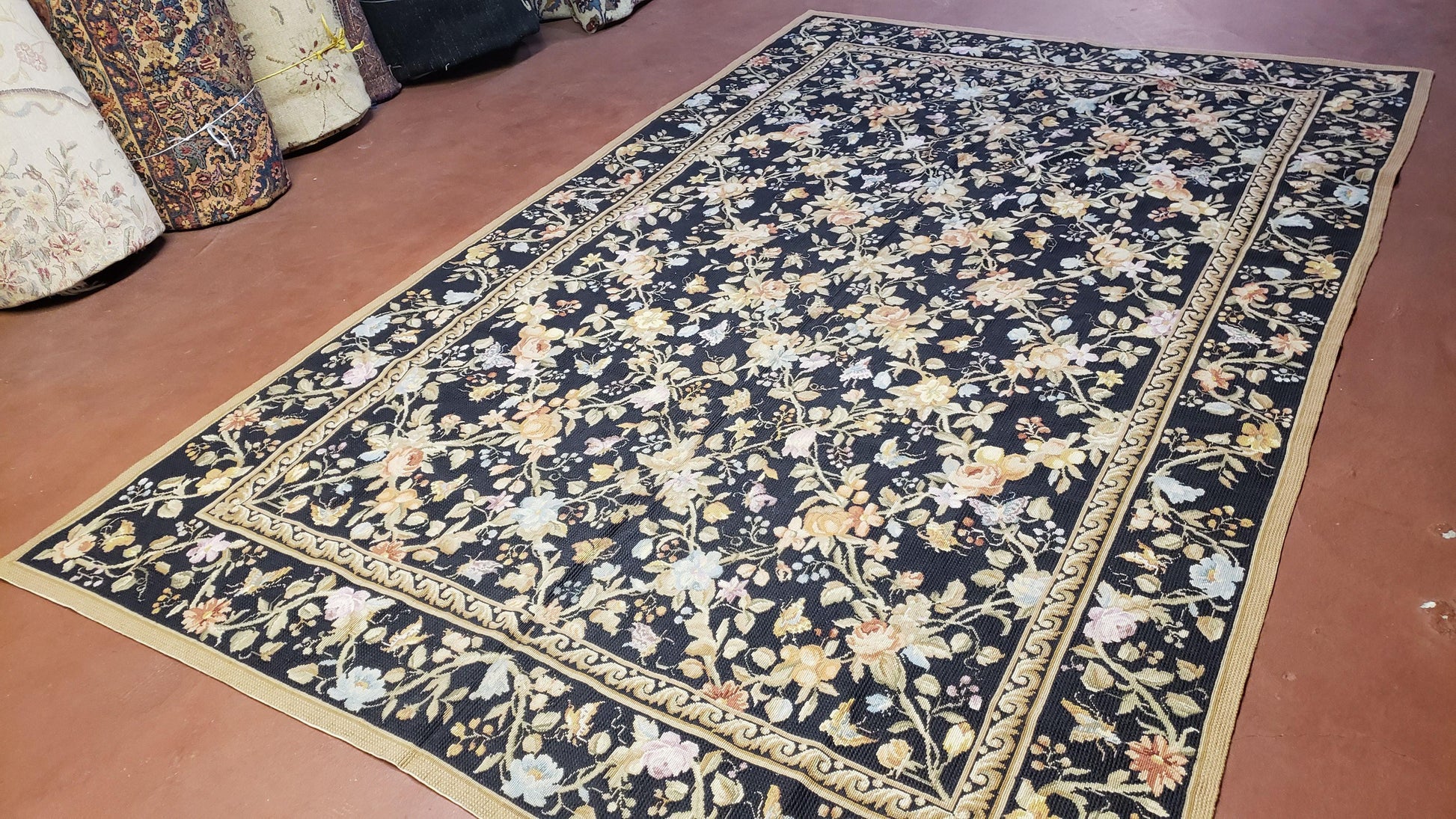 6x9 Vintage Needlepoint Rug Petitepoint Carpet Butterflies Floral Design Dark Brown & Tan 6 x 9 Handmade Flatweave Area Rug - Nuvé