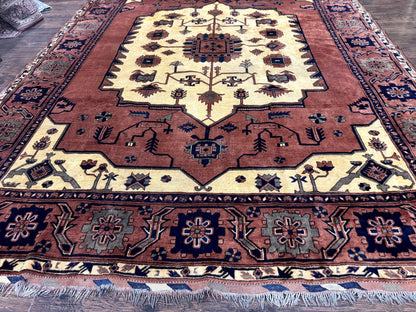 Afghan Heriz Rug 9x12, Tribal Geometric Serapi Carpet, Rust Cream and Navy, Wool on Wool - Nuvé