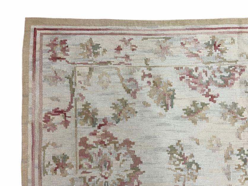 9x12 Flatweave Aubusson Needlepoint Rug, New, Beige, Tan, Green, Handmade, Hand-Knotted Area Rug, French European Carpet, Flowers - Nuvé