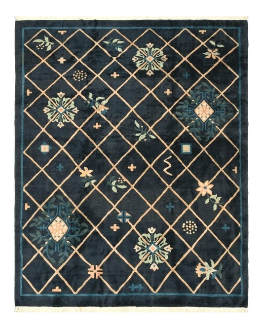 Tibetan Rug 9x12, Hand Knotted Tibet Nepali Contemporary Carpet 9 x 12 ft, Black and Tan, Handmade Area Rug Room Sized, Nepalese Rug