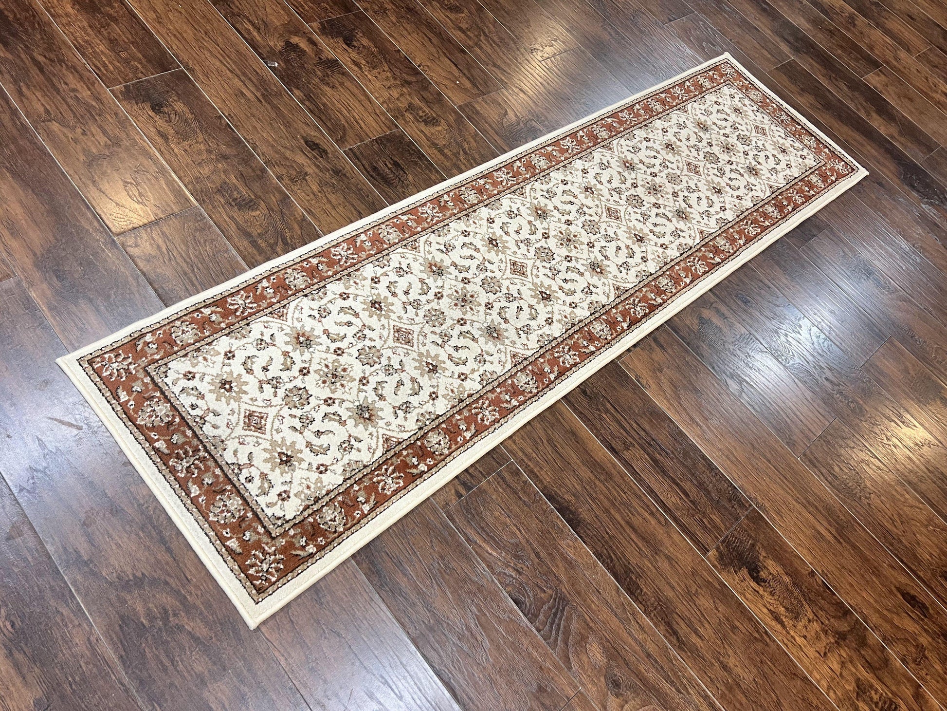 Runner Rug 2 x 7.6, Skinny Runner, Oriental Rug for Hallway, Ivory & Rust Red, Floral Allover - Nuvé