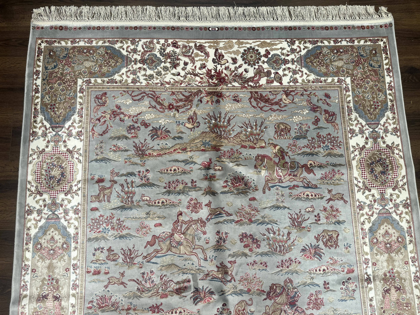 Turkish Silk Rug 5x7, Hunting Design, Animal Pictorials, Bamboo Silk - Nuvé