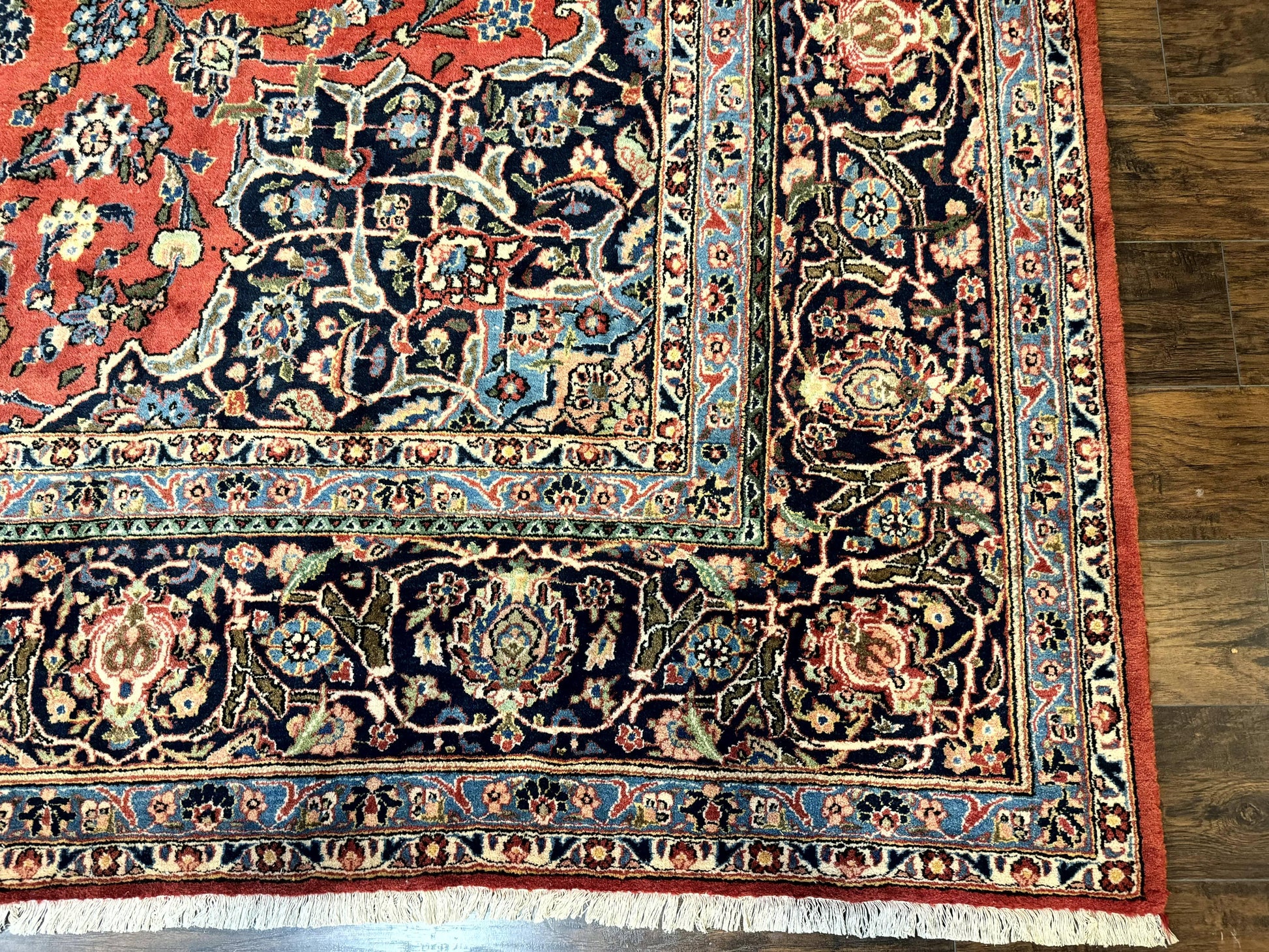 Red Persian Kashan Rug 10x14, Hand-Knotted Semi Antique Floral Medallion Handmade Wool Carpet, Red & Navy Blue - Nuvé