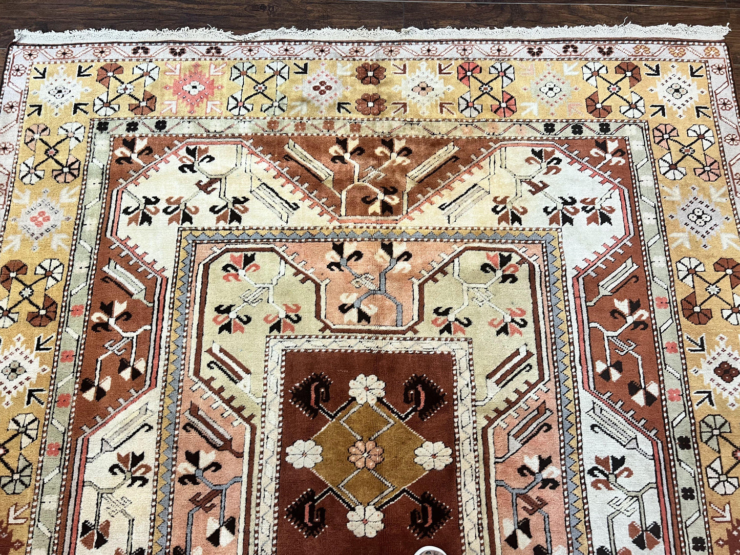 Turkish Rug 7x10, Wool Hand Knotted Vintage Carpet, Geometric Kazak Pattern - Nuvé