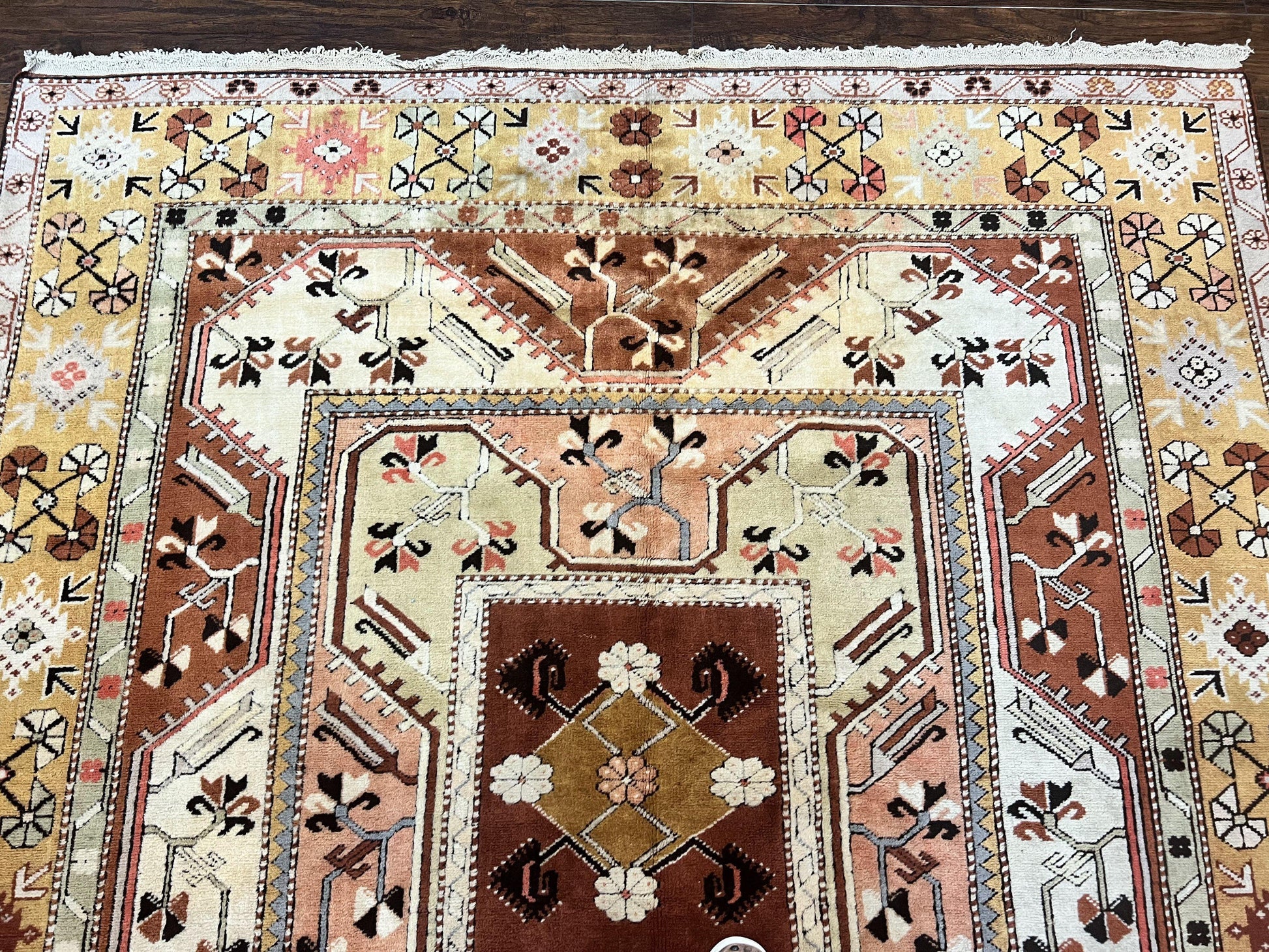 Turkish Rug 7x10, Wool Hand Knotted Vintage Carpet, Geometric Kazak Pattern - Nuvé