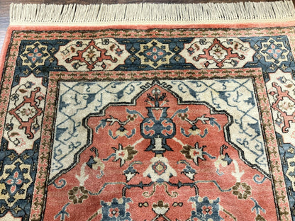 Karastan Rug 4x6 Bergama Design #737, Karastan Area Rug, Vintage Wool Karastan Carpet, Original Collection 700 Series, Salmon Red Light Blue - Nuvé