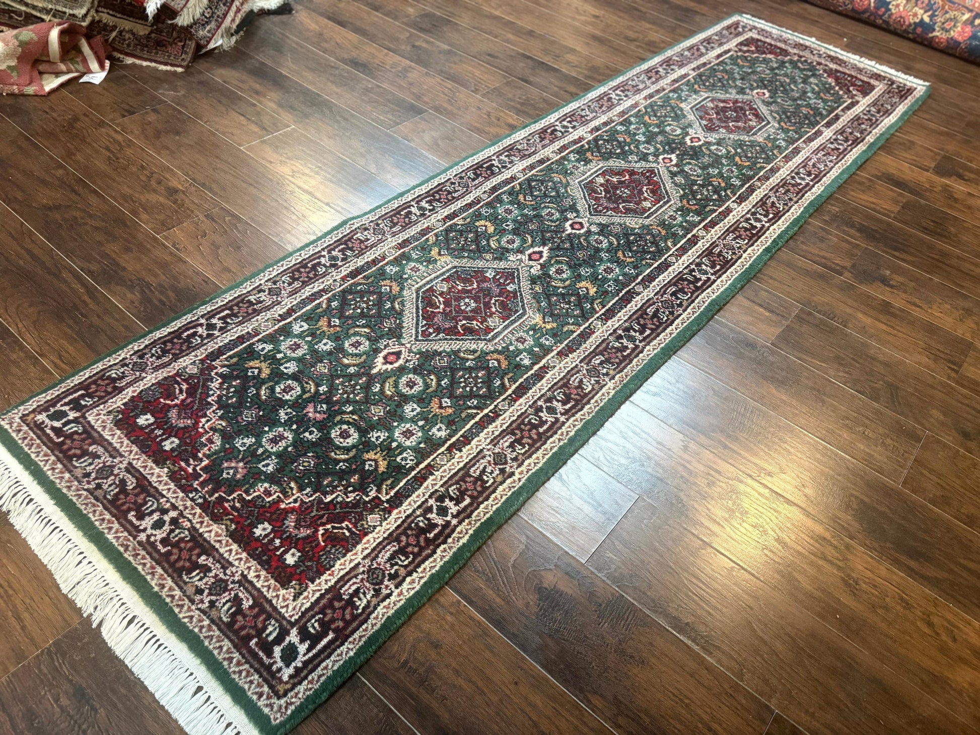 Green Indo Persian Bidjar Runner Rug 3x10, Green and Red - Nuvé