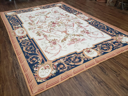 Chinese Aubusson Savonnerie Area Rug 6x8, Vintage Hand-Woven Needlepoint Rug, Flat Weave Handmade Wool Carpet Living Room Ivory & Navy Blue - Nuvé