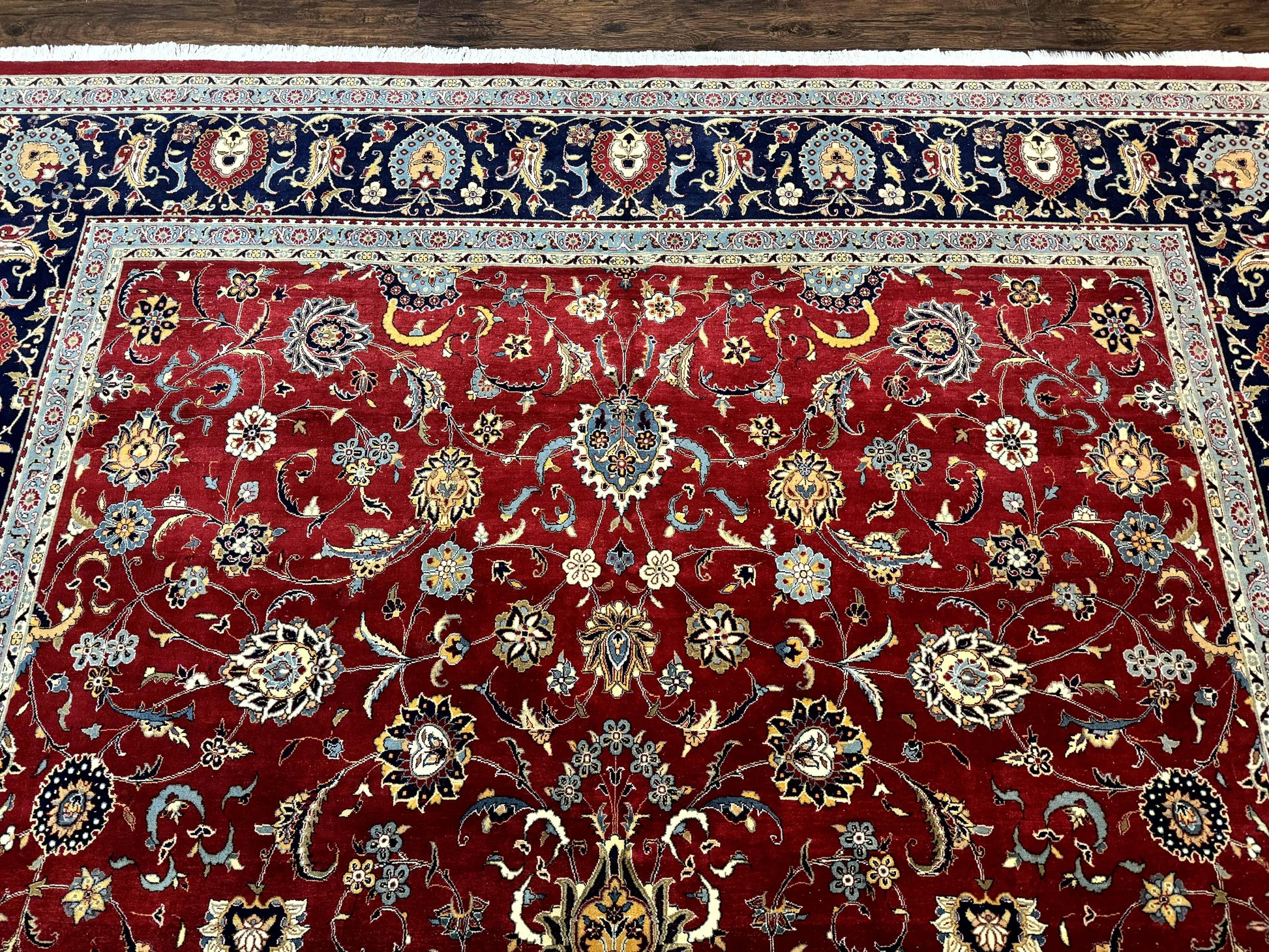 Pak Persian Rug 9x12, Red and Navy Blue, Floral Allover, Hand Knotted Vintage Wool Carpet, Fine 260 KPSI - Nuvé