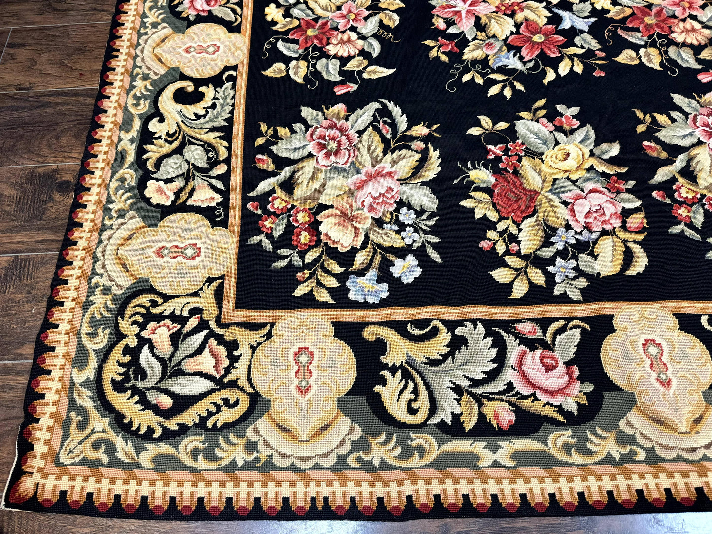 Palace Size Needlepoint Rug 12x16, Black and Colorful, Floral Panel, Handmade Oversized Wool Needlepoint Carpet, Rare - Nuvé