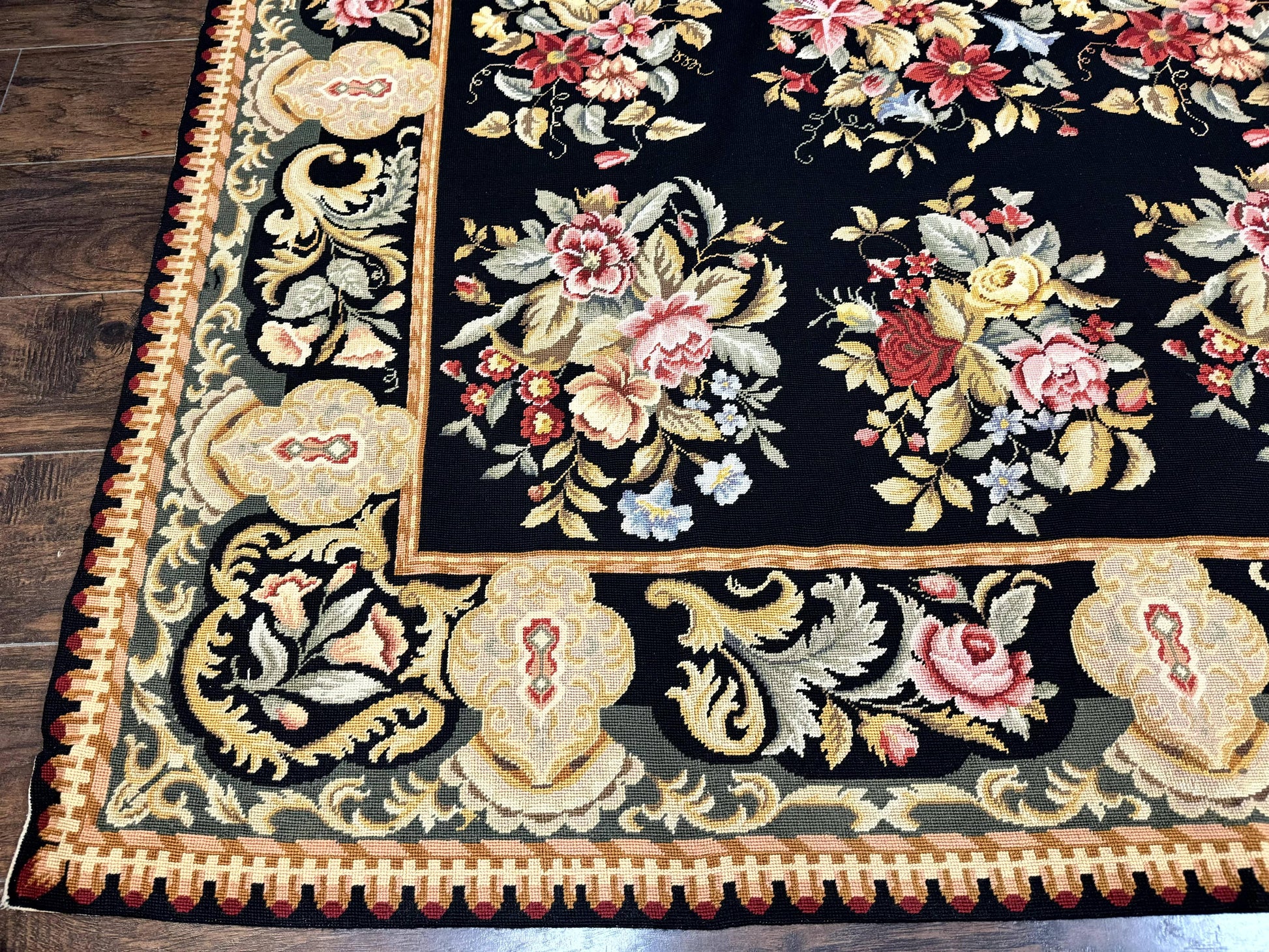 Palace Size Needlepoint Rug 12x16, Black and Colorful, Floral Panel, Handmade Oversized Wool Needlepoint Carpet, Rare - Nuvé