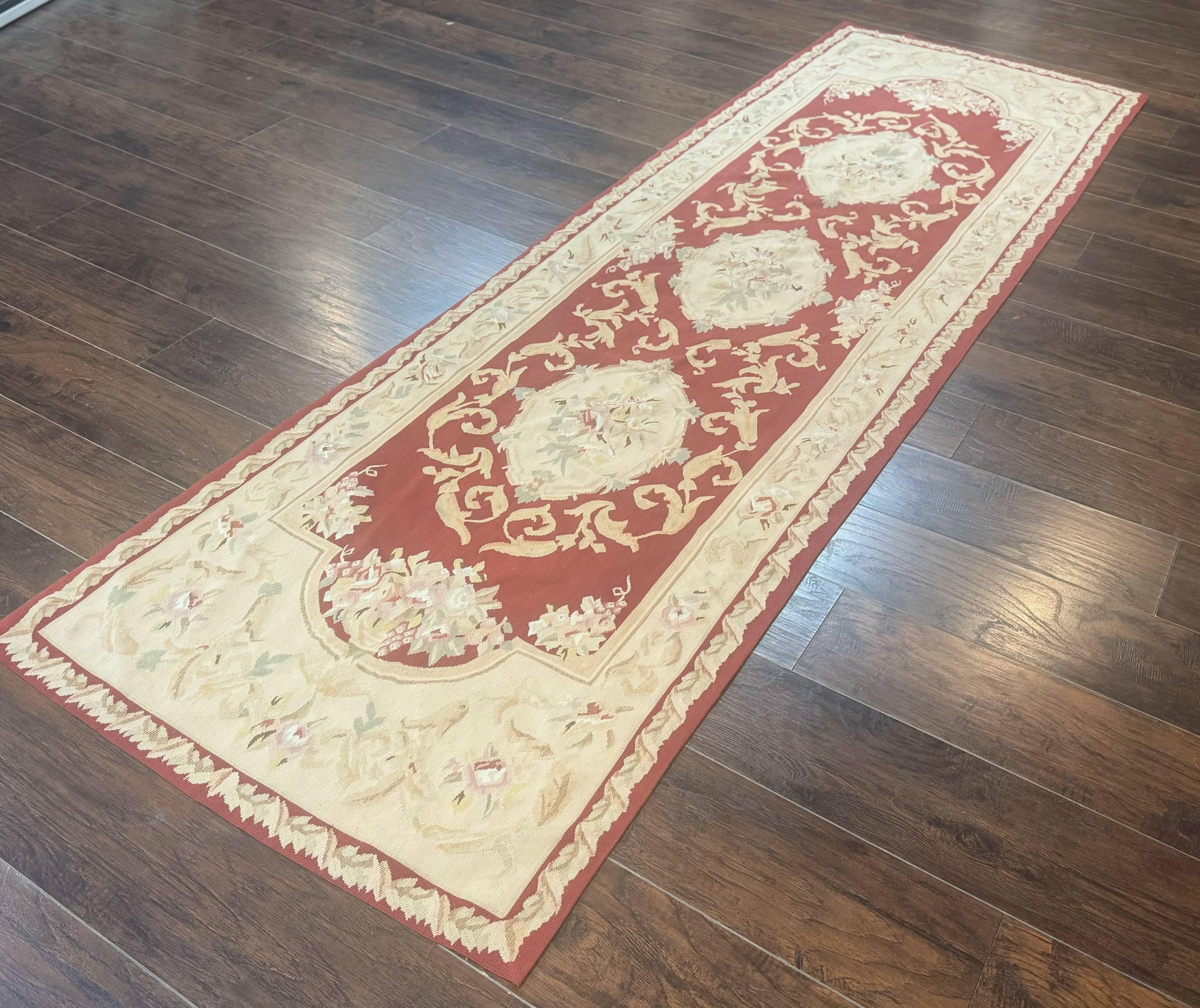 Aubusson Runner Rug 3x10, European Design, Red and Beige, Elegant, Handmade Wool Rug - Nuvé