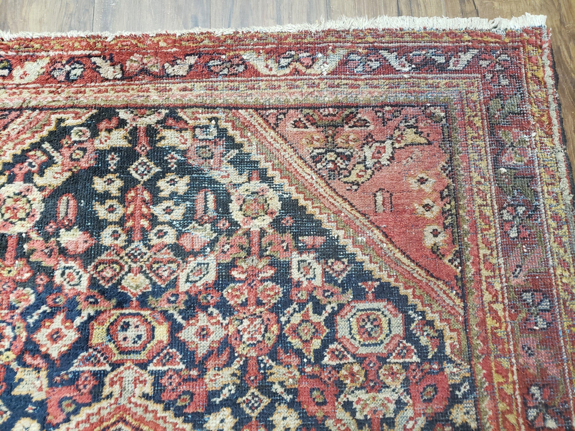 Antique Persian Mahal Area Rug 4.4 x 6.6, Wool Hand-Knotted Shabby Chic Oriental Rug, Red Black 1930s Foyer Room Carpet, Low Pile Boho Rug - Nuvé