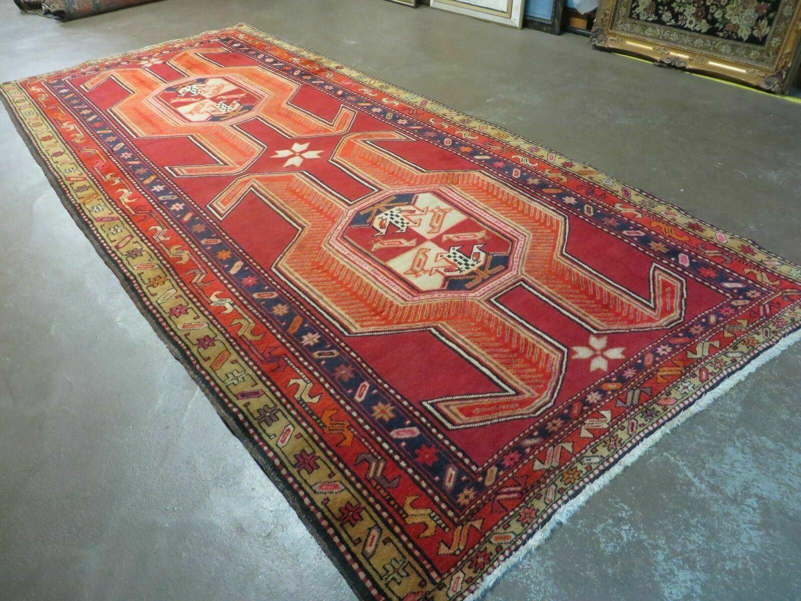4' 10" X 11' Antique Handmade Turkish Kazak Wool Rug SHIELD Hand Knotted Red - Nuvé