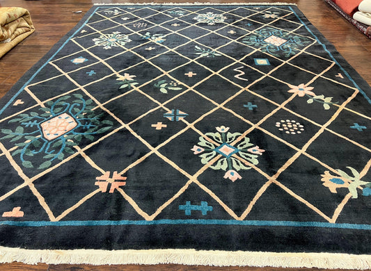 Tibetan Rug 9x12, Hand Knotted Tibet Nepali Contemporary Carpet 9 x 12 ft, Black and Tan, Handmade Area Rug Room Sized, Nepalese Rug - Nuvé