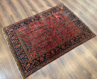 Antique Persian Tree of Life Rug 3x5, Manchester Wool, Bird Pictorials, Fine 240 KPSI, Red Navy Blue - Nuvé