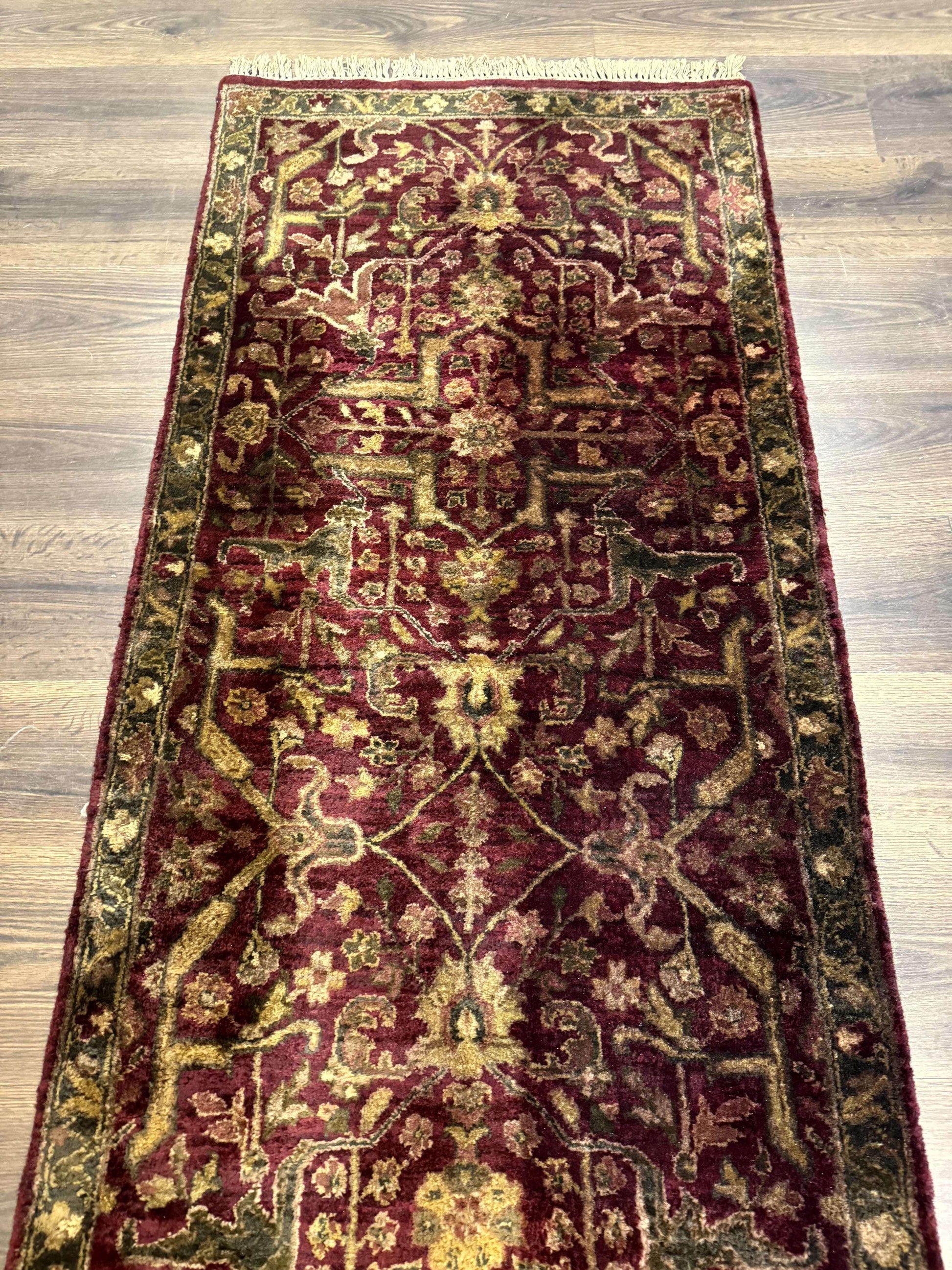Indo Persian Runner Rug 2.7 x 13.8, Maroon, Wool, Handmade Indian Rug for Hallway - Nuvé