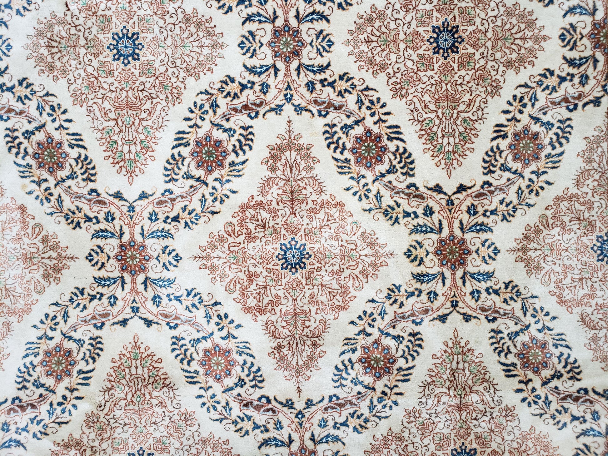 Fine Antique Persian Light Colored Kashan Carpet, 7x12, Top Quality, Rare, Ivory & Blues, Hand-Knotted, Wool - Nuvé