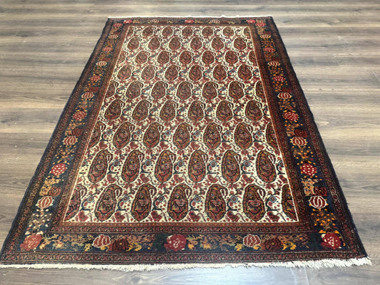 Antique Persian Kurdish Senneh Rug 4.6 x 6.5, Repeated Paisely Boteh Design, Handmade - Nuvé