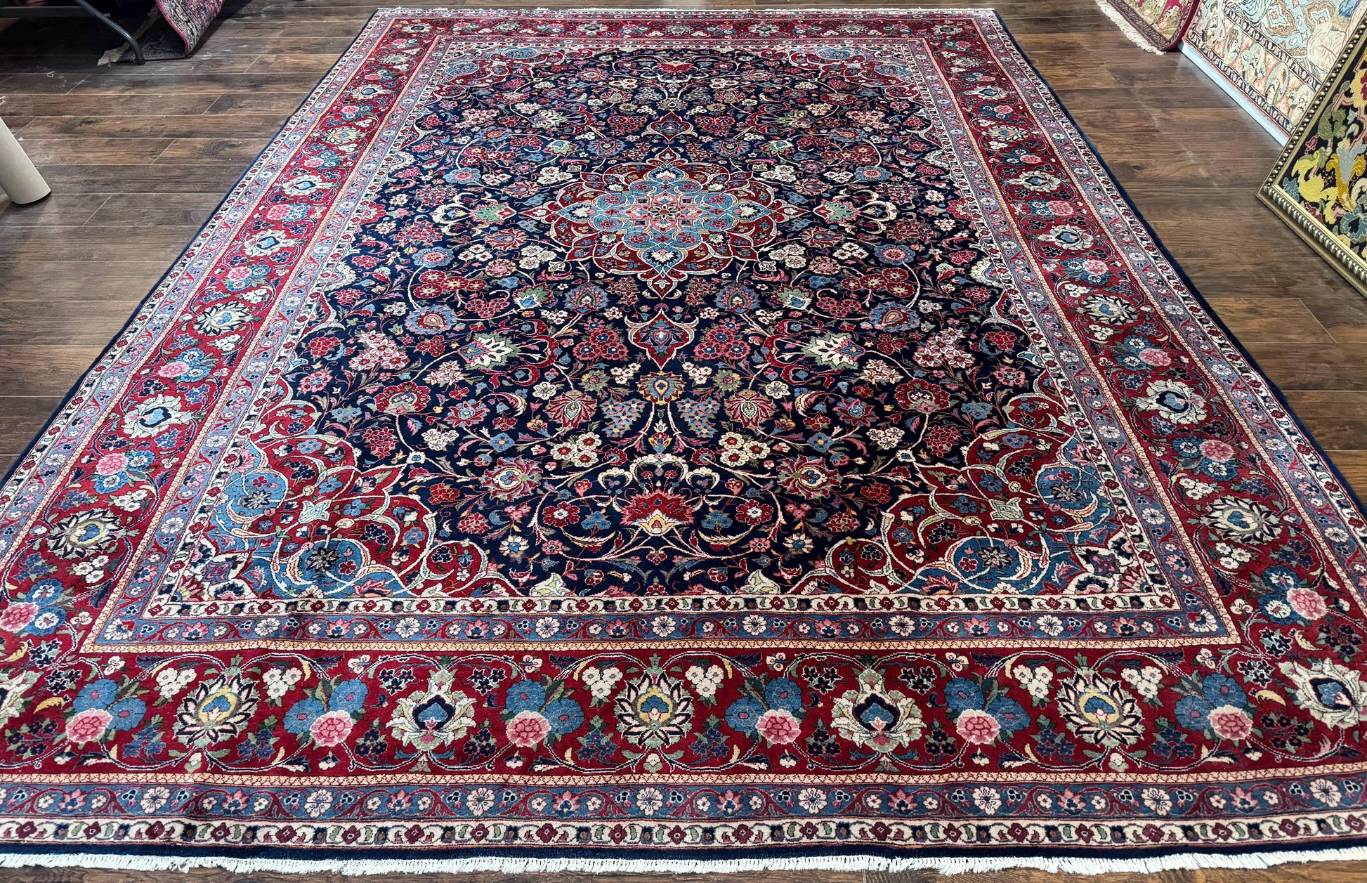 Navy Blue Persian Rug 9x12, Antique Persian Carpet, Kork Wool, 200 KPSI, Persian Kashan Rug - Nuvé