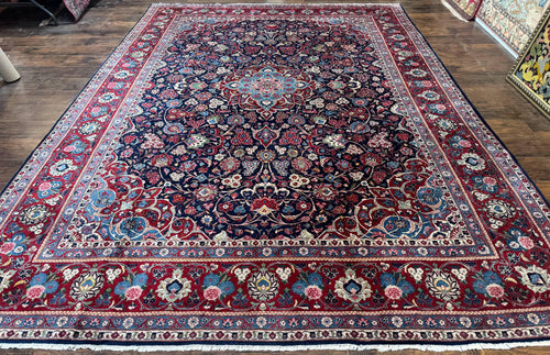 Navy Blue Persian Rug 9x12, Antique Persian Carpet, Kork Wool, 200 KPSI, Persian Kashan Rug - Nuvé