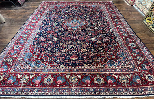 Navy Blue Persian Rug 9x12, Antique Persian Carpet, Kork Wool, 200 KPSI, Persian Kashan Rug - Nuvé