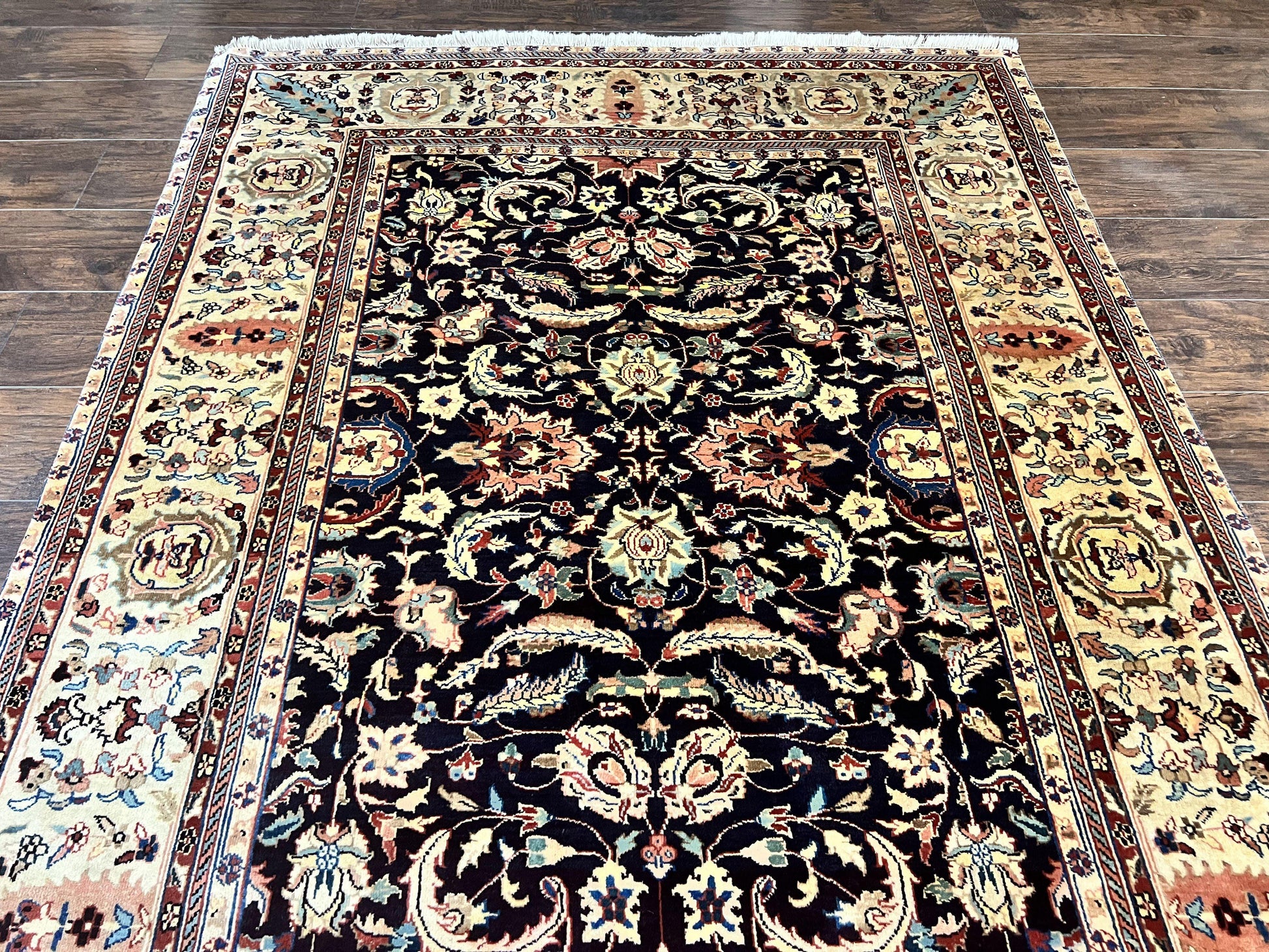 Indo Persian Rug 5x15, Wide Runner Rug 5 x 15 ft, Wool Hand Knotted Vintage Carpet, Black & Cream, Floral Allover Long Oriental Rug - Nuvé