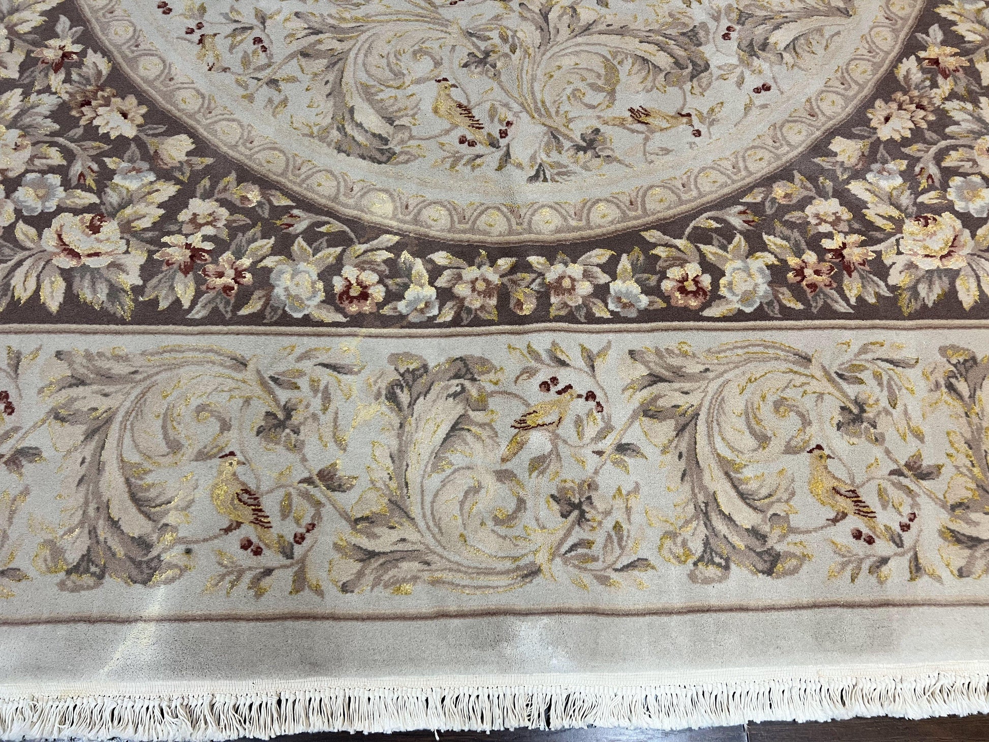 Aubusson Rug 10x14, Wool & Silk Highlights Hand Knotted Vintage Carpet, Birds Flowers, Fine Details, Elegant - Nuvé
