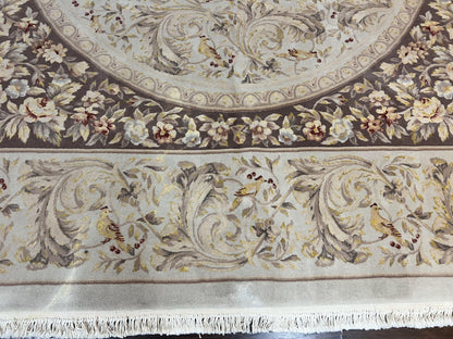 Aubusson Rug 10x14, Wool & Silk Highlights Hand Knotted Vintage Carpet, Birds Flowers, Fine Details, Elegant - Nuvé