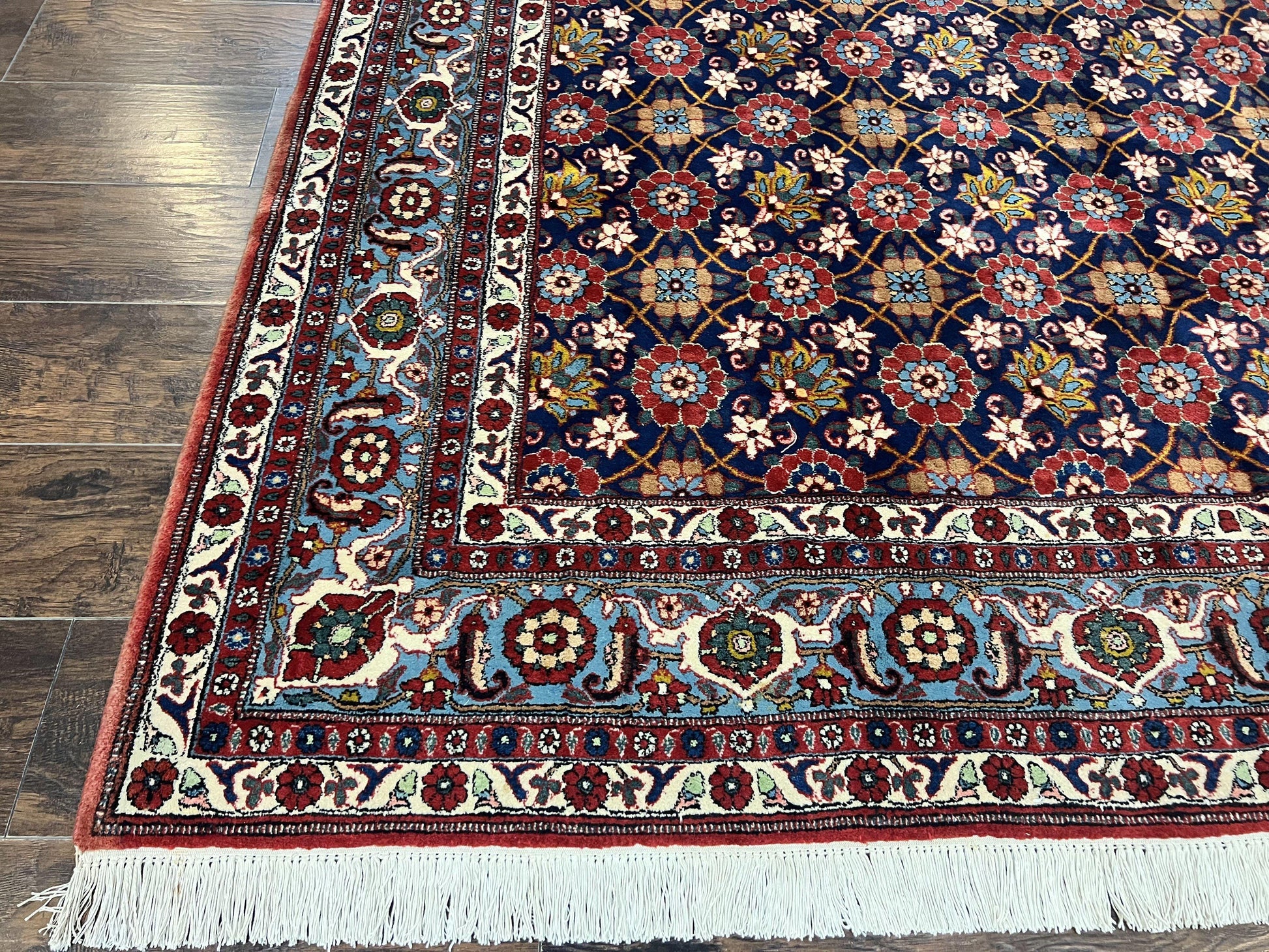 Persian Veramin Rug 7x11, Repeated Allover Pattern, Handmade Vintage Carpet, Navy Blue - Nuvé