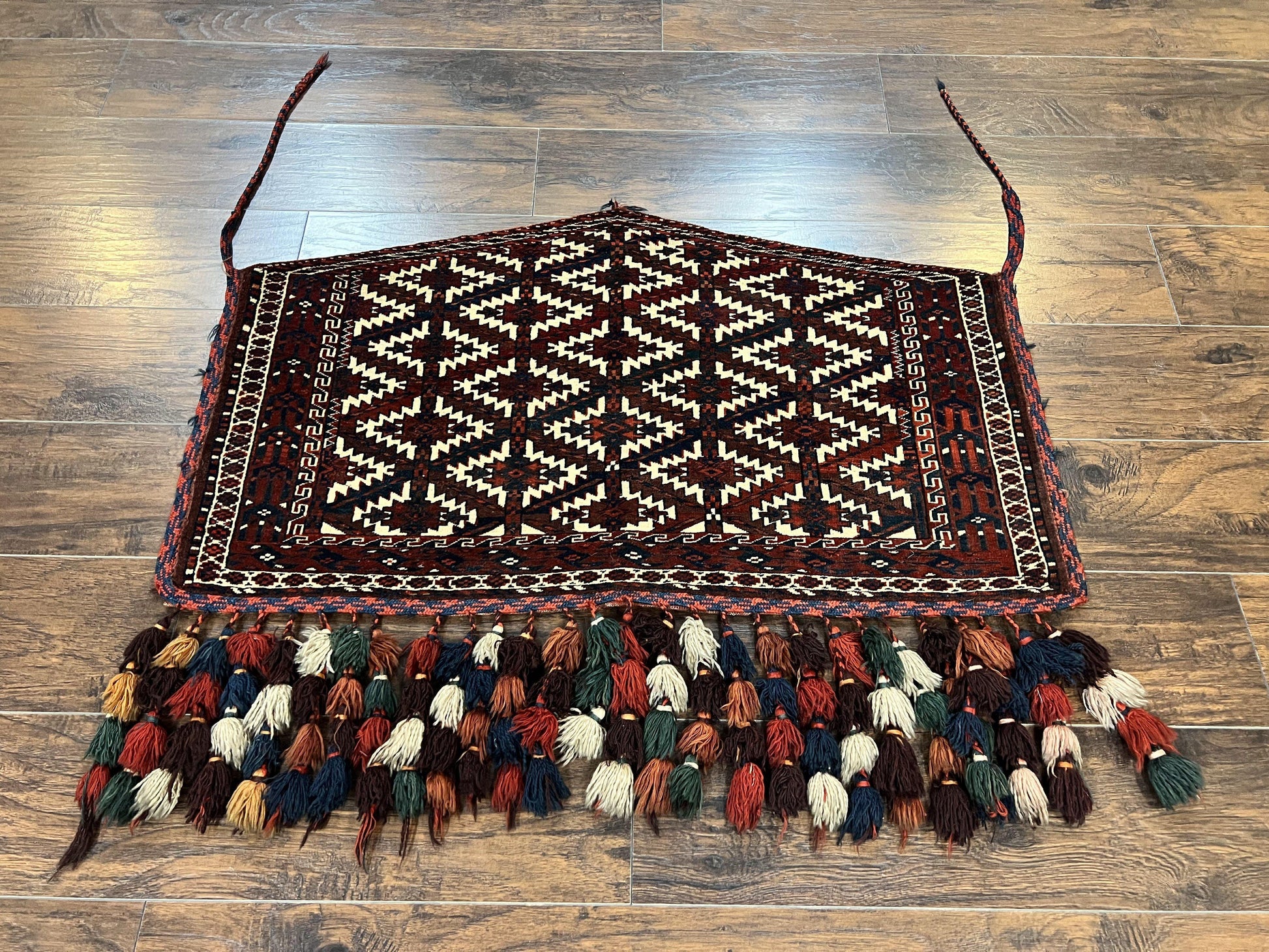 Antique Turkoman Camel Trapping, Turkoman Asmalyk, Red Black Ivory, Handmade, Hand Knotted Tribal Collectible Rug, Rare - Nuvé