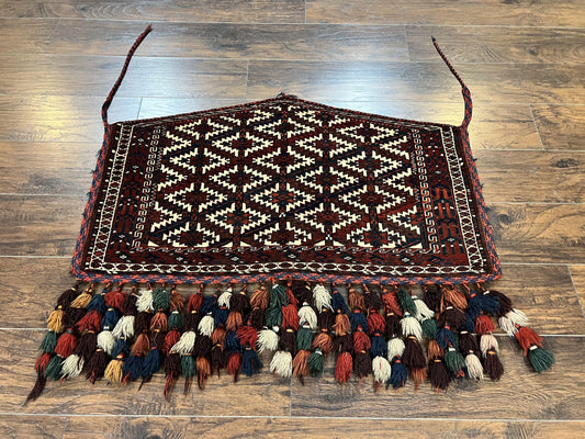 Antique Turkoman Camel Trapping, Turkoman Asmalyk, Red Black Ivory, Handmade, Hand Knotted Tribal Collectible Rug, Rare - Nuvé